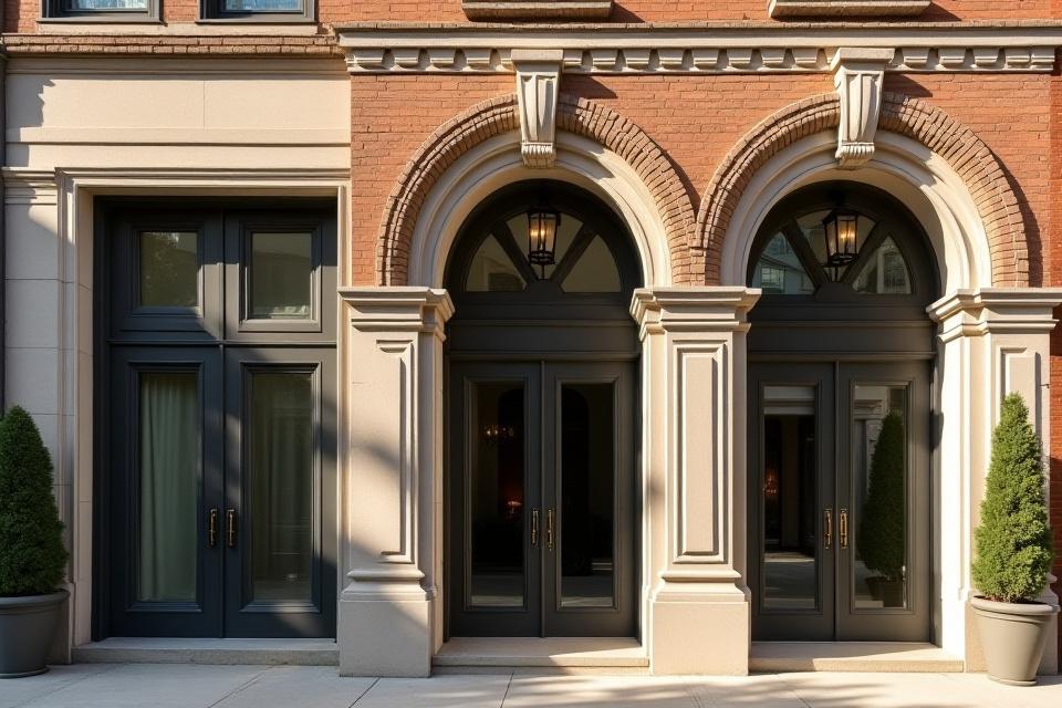 Restored historic facade of an old building integrated with modern elements